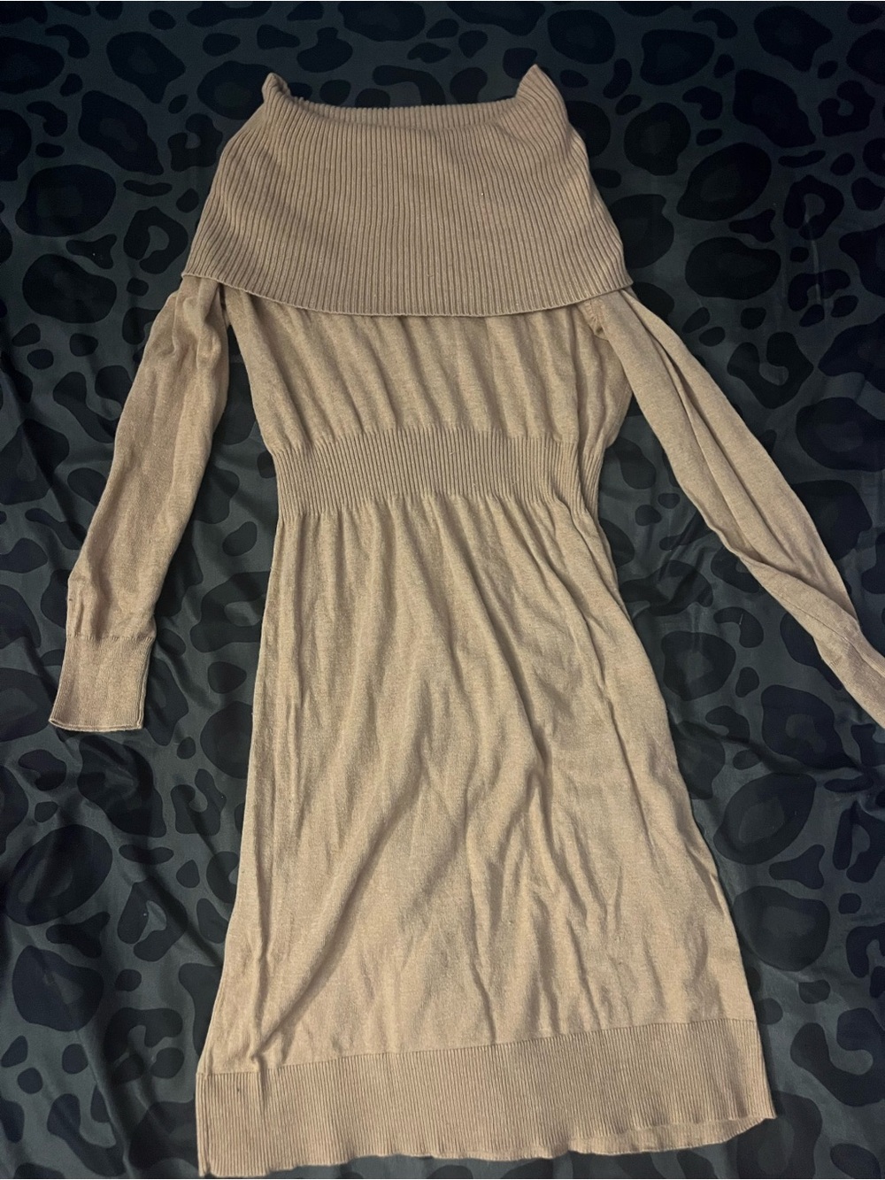 Beige Off-Shoulder Ribbed Knit Dress